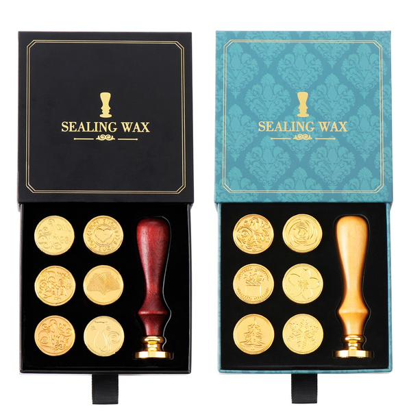 7 Pcs New Copper Seal Decoration Cards Sealing wax kit Wax seal stamp kit  Wooden Handle Wax seal kit